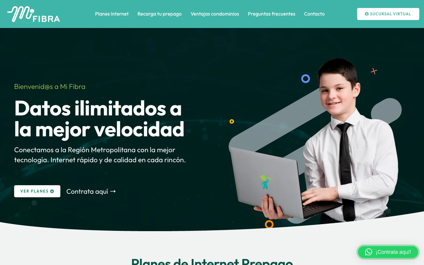 Captura del home de Mi Fibra con planes de internet, cobertura y formularios de contacto