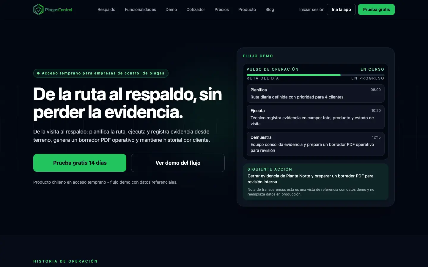 Captura del home de PlagasControl con presentación de producto para empresas de control de plagas
