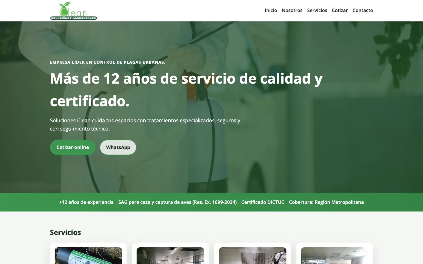 Captura del home de Soluciones Clean con navegación, hero de control de plagas y bloques de servicios