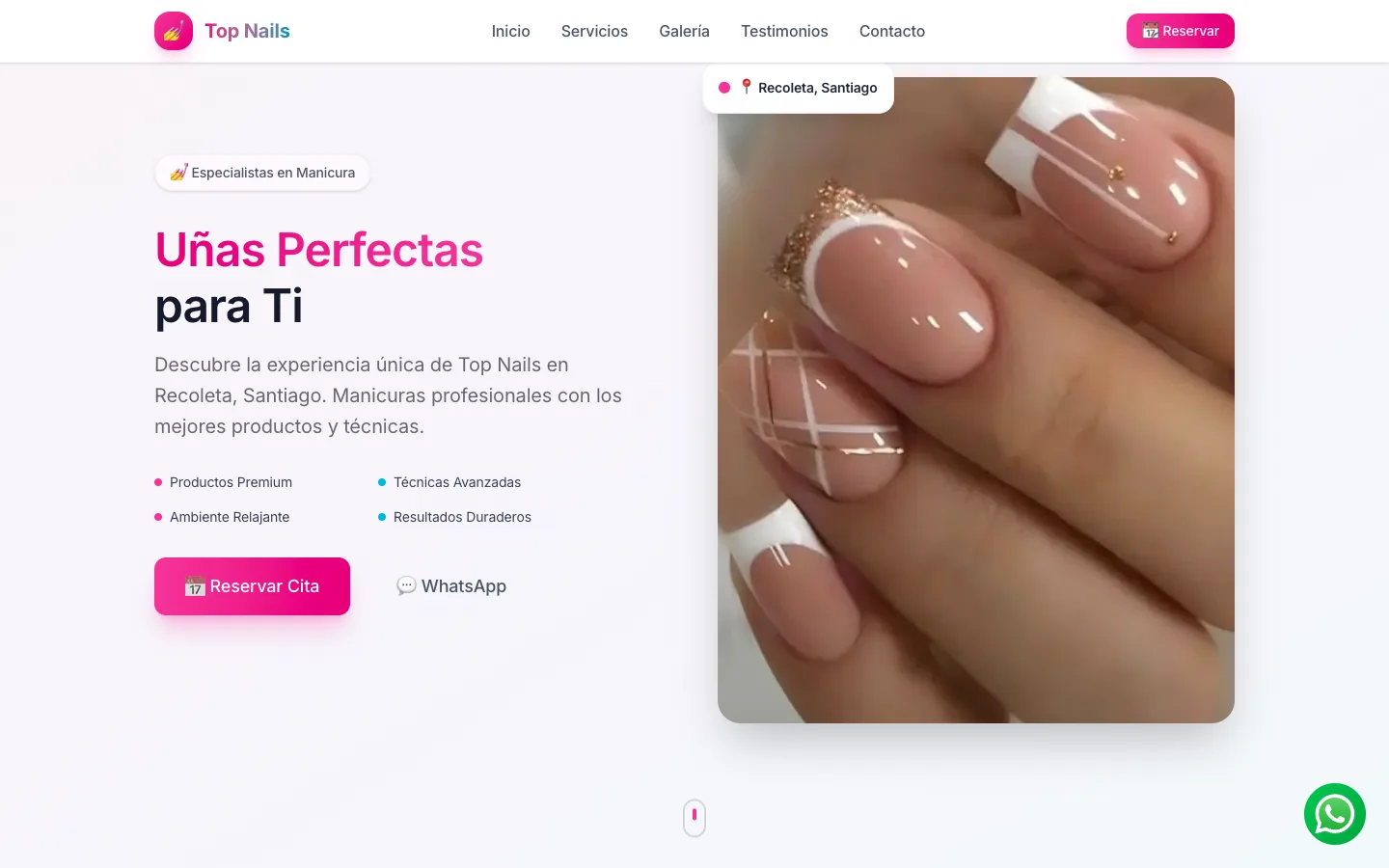 Captura del home de Top Nails con catálogo visual, promociones y botón de WhatsApp